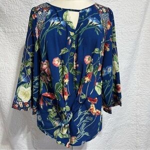 Nwt Olive Hill Womens Multi Floral Tie Up Tunic Blouse, Size Medium